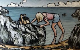 ALAN WILLIAMS acrylic on canvas - girl on a shoreline entitled 'Girl Seaweed Gatherer', signed, 32 x