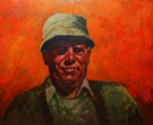 ANEURIN JONES oil on board - head and shoulders portrait of a farmer wearing hat, squinting into the