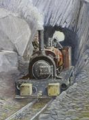 TOM GRIFFITH (a.k.a GRENZ) oil on board - the quarry engine Dolbadarn emerging from a quarry tunnel,