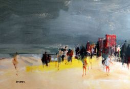 DONALD McINTYRE oil/acrylic on paper - figures on a beach, signed with initials, 23 x 33cms