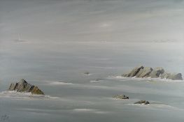 NICK JOHN REES oil on canvas - coastal scene with distant lighthouse entitled verso 'Loguivy de la