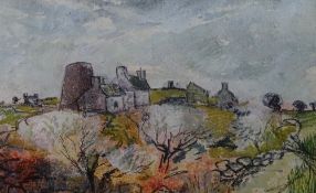 GWILYM PRICHARD mixed media/pastel - Anglesey farmstead, Capel Mawr with old windmill, signed, 35.
