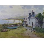 WARREN WILLIAMS ARCA watercolour - cottages near Moelfre, Anglesey with sailor attending his pots