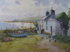 WARREN WILLIAMS ARCA watercolour - cottages near Moelfre, Anglesey with sailor attending his pots