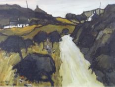 WILF ROBERTS coloured limited edition (6/10) 1998 print - Anglesey cottages either side of a lane,