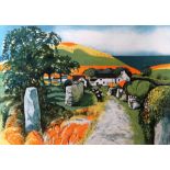 JOHN ELWYN limited edition (222/260) coloured print - farm scene with cattle and sea beyond,