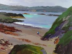 DONALD McINTYRE oil/acrylic - a fine coastal scene with distant lands and figures walking on the