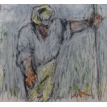 WILL ROBERTS pastel drawing - a farmer at work, signed with initials 'W R', 20 x 22.5cms