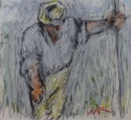 WILL ROBERTS pastel drawing - a farmer at work, signed with initials 'W R', 20 x 22.5cms