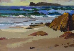 DONALD McINTYRE acrylic - rocky coastalscape entitled 'Cara Island', signed with initials, 20 x