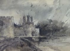 WILLIAM SELWYN watercolour - Caernarfon Castle and the Quayside, signed in full, 19.5 x 27cms