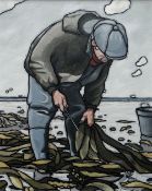 ALAN WILLIAMS acrylic on canvas - crouching man on the shoreline, entitled verso 'Seaweed Cutter',