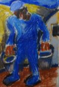 JOSEF HERMAN pastel - a man carrying two buckets, unsigned, 29 x 20 cms