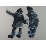 SIR KYFFIN WILLIAMS RA colourwash print - two farmers in conversation, one with a stick, signed in