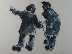 SIR KYFFIN WILLIAMS RA colourwash print - two farmers in conversation, one with a stick, signed in