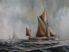 BRIAN ENTWISTLE watercolour - two sailing boats in squally seas, signed and dated 1984, 37 x 52cms