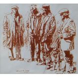 ANEURIN JONES sepia print - four standing farmers and a sheepdog, 29 x 31cms