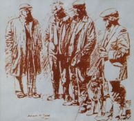 ANEURIN JONES sepia print - four standing farmers and a sheepdog, 29 x 31cms