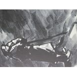 SIR KYFFIN WILLIAMS RA print of a colourwash - scene of a farmer leaning on his stick on a mountain,