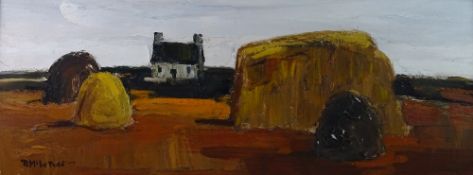 DONALD McINTYRE oil on board - early farm scene with haystacks, signed in full with original title