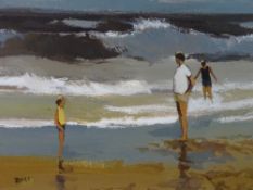 DONALD McINTYRE oil - beach scene with three figures, signed with initials and with original title