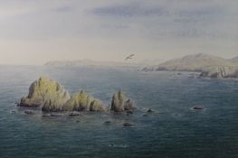 PHILLIP SNOW watercolour - expansive coastalscape with predatory flying bird, signed and entitled '
