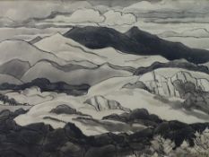 WILL ROBERTS early colourwash and ink - landscape drawing of Snowdonia, signed on the painting '