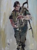 WILLIAM SELWYN oil on canvas - standing farmer with scythe, signed in full, 34 x 24cms