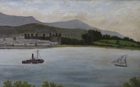 LATE 19th CENTURY ENGLISH PRIMITIVE SCHOOL oil on board - Caernarfon Castle and Town with paddleboat