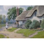 WARREN WILLIAMS ARCA watercolour - thatched cottage with figure on a path, signed, 18 x 23cms