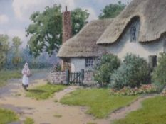 WARREN WILLIAMS ARCA watercolour - thatched cottage with figure on a path, signed, 18 x 23cms