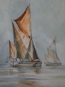 BRIAN ENTWISTLE watercolour - a twinmaster under sail with another leading boat, signed, 39 x 28cms