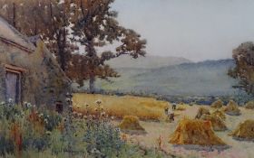 WILLIE STEPHENSON watercolour - harvesting scene with figures and outbuilding, signed, 29 x 48cms