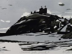 ANN LEWIS limited edition (3/12) linocut - Criccieth Castle, signed and entitled ''Diwrnod Poeth,