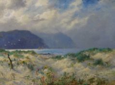 E T JONES oils on canvas - a pair, stormy clouds over the dunes at Deganwy and the other a distant