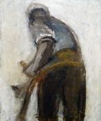 WILL ROBERTS oil on canvas - study of a working harvester from the rear, entitled verso 'Man with
