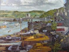 ROWENA WYN oil on board - Conwy with the Old Boatyard, Walls and Castle and Bridge in the
