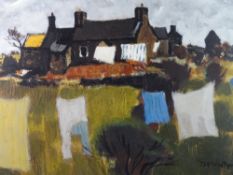 DONALD McINTYRE early oil/acrylic on board - 'Washing, Mynydd Llandygai', signed in full and with