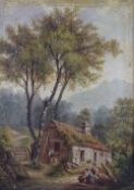 LATE 19th CENTURY ENGLISH SCHOOL oil on canvas - rustic scene with cottage and figures and