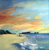 JOHN THOMPSON oil on canvas - coastal scene with beach and rocks, entitled verso 'Evening Light,