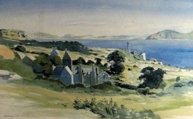 KEITH ANDREW watercolour - Anglesey landscape with Penmon Priory and the Menai Straits beyond,