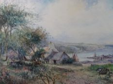 JOSEPH HUGHES CLAYTON watercolour - coastal inlet with cottage, figures and boats, signed, 38.5 x