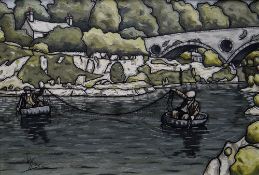 ALAN WILLIAMS acrylic on canvas - river scene with bridge and figure, entitled verso 'Coracle