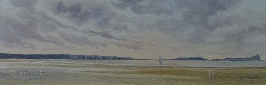 ANDREW DOUGLAS FORBES watercolour - coastal scene with yacht, signed in full, 11.5 x 35 cms
