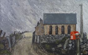 MEGAN JONES oil on board - chapel with red postbox, signed and dated 1969 verso and title 'Capel