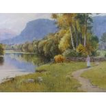WARREN WILLIAMS ARCA watercolour - Church Pool, Betws-y-Coed with bonneted lady on a pathway,