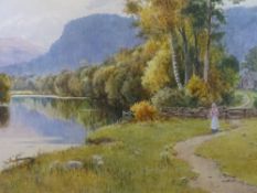 WARREN WILLIAMS ARCA watercolour - Church Pool, Betws-y-Coed with bonneted lady on a pathway,