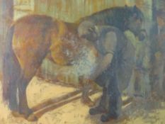 ANEURIN JONES acrylic/oil - a blacksmith shoeing a horse, signed, 47 x 62cms