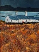 GWYN OWEN acrylic on board - Rhoscolyn, Anglesey with whitewashed cottages, signed, 56 x 35.5cms