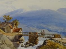 J GRIERSON watercolour - Snowdonia scene near Beddgelert with figures on a rickety bridge over